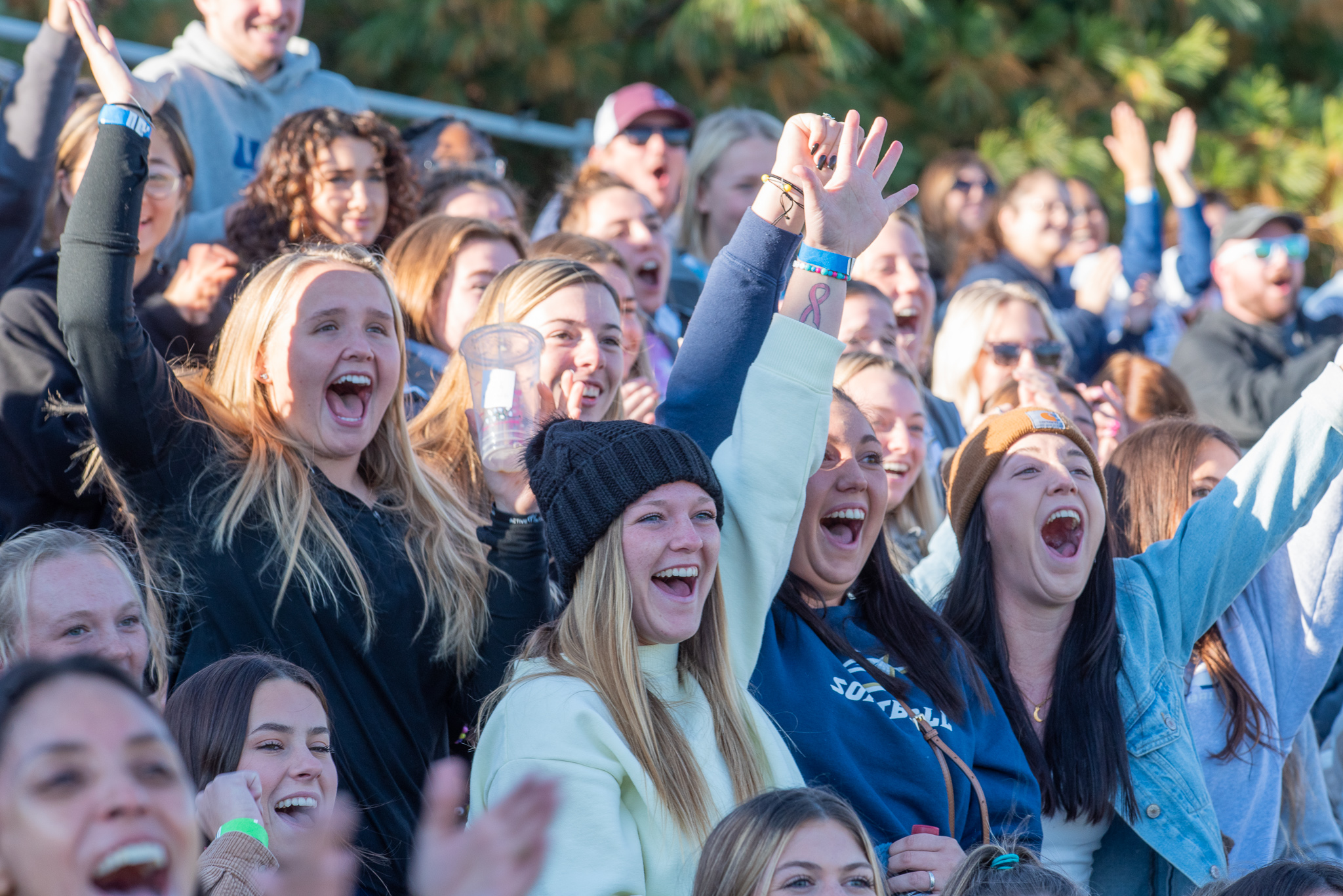 fans cheer in the stands at a soccer game after one of the players scored a goal for the home team, University of Illinois Springfield